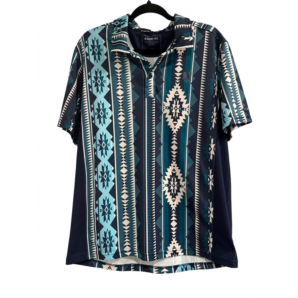 Rank 45 Mens Polo Shirt Large Teal Navy Blue Southwestern Geometric Performance